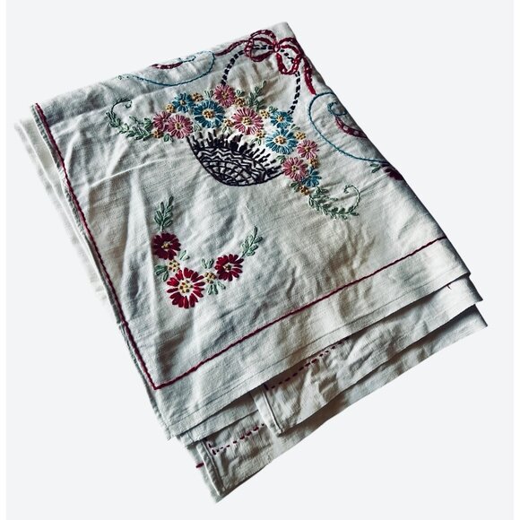 Vintage Hand-Embroidered Floral Tablecloth 50" X 45" Rectangular Cotton Linen Bl - Picture 9 of 11